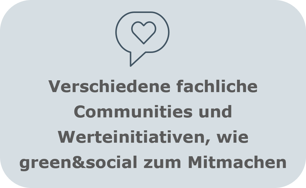 Verschiedene fachliche Communities und Werteinitiativen, wie green&social zum Mitmachen